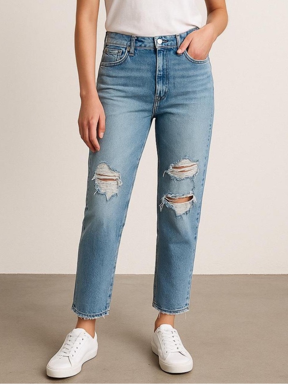 Revolve Pistola Nico High-Rise Distressed Straight Mom Jeans in Medium Blue Wash